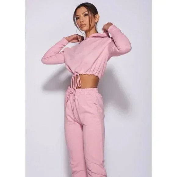 Pink Long Sleeve Hooded Crop Top and High Waist Joggers Pants Two Piece Set - Picture 6 of 17